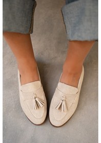 Resim Leather Bej Süet Kadın Püskül Detaylı Düz Taban Ayakkabı Bej 