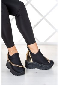 Resim Erkan Saçmacı Maggie Siyah Streç Altın Zincirli Gizli Dolgu Günlük Ayakkabı 