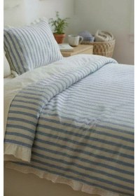 Resim Mavi-bej % 100 Pamuk Fırfır İplik Boyalı Nevresim Takımı,modern Çizgili Tek Kişilik Çok Renkli 