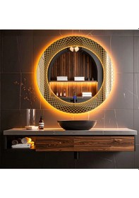 Resim Trivon Amber Led'li Lazer Kumlamalı Lavabo & Banyo Aynası Dokunmatik Sensörlü 70 X 70 Turuncu 