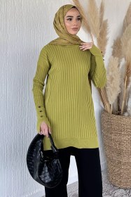 Resim Gülseli Bisiklet Yaka Tesettür Triko Tunik Yağyeşili TZL-P-00020375 