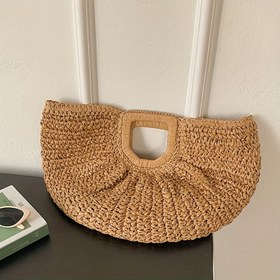 Resim Büyük Kapasiteli Dokuma Hasır Ay Çantası, Kadınlar için Plaj Sepeti Omuz Çantası, Moda Seyahat El Çantası Fermuarlı Kapanış, Kağıt Malzeme, Yıkanmaz - Alışveriş ve Plaj Gezileri için İdeal 
