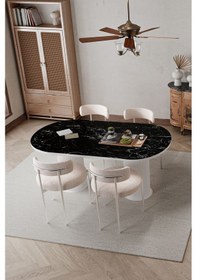 Resim Avvio Tesla Beyaz Ptt Ayak 80x140 Yemek Masası Mutfak Masası Masa Teddy Sandalye Takımı Bukle Kumaş Siyah Mermer 