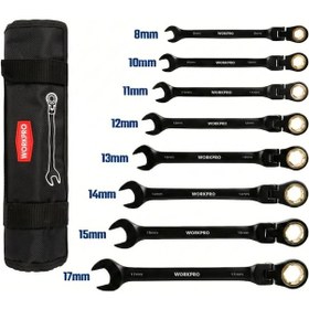 Resim Workpro Wp202603 8-17mm 8 Parça Cr-v Profesyonel Mafsallı Cırcır Kombine Anahtar Takımı + Bez Taşıma 
