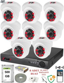 Resim XFury 8 Kameralı 5mp 3.6mm Lens 2mp Görüntü 6 Atom Led Gece Görüşlü FullHd Güvenlik Kamerası 1412A 500GB 