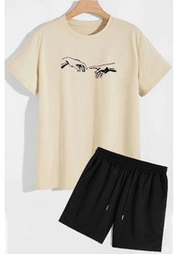 Resim Rahat Tasarım Michelangelo Şort T-shirt Eşofman Takımı Bej 