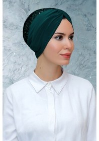 Resim Hürrem Bone Zümrüt Pratik Hazır Geçmeli Tesettür Bone Sandy Kumaş Pullu Büzgü Zümrüt 