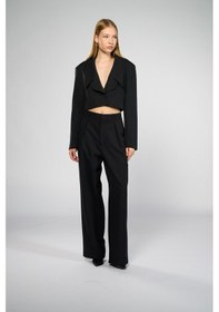 Resim Kadın Siyah Geniş Yaka Crop Blazer Siyah 