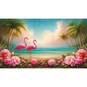 Resim Venspor Tropikal Flamingo ve Çiçekli Sahil Arka Plan, 200x150cm Fon Duvar Örtüsü 