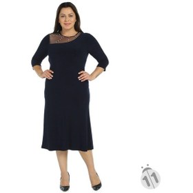Resim 4089L-Nidya Moda Büyük Beden Tül Kombin Sandy Elbise Lacivert 