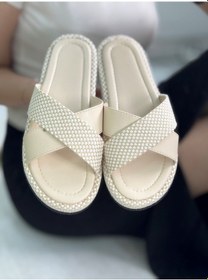 Resim Günlük Kadın Hasır Çapraz Bant Yumuşak Dikişli Taban Hafif Yazlık Rahat Terlik 065 Krem 