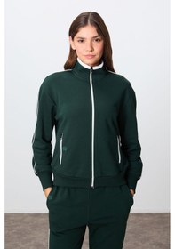 Resim Tommy Life Çam Yeşili Kompakt Pamuklu Kalın Pürüzsüz Dokulu Dik Yaka Oversize Fit Kadın Eşofman Takım - 95340 Yeşil 