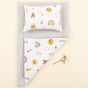 Resim Alt Açma Matı ve Yastık - Çift Taraflı - Açık Gri Örgü - Galaksi ve Harfler 