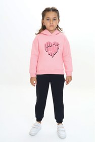 Resim Toontoy Kız Çocuk 2'li Takım Baskılı Kapüşonlu Sweatshirt & Beli Paçası Lastikli Jogger Eşofman Altı 
