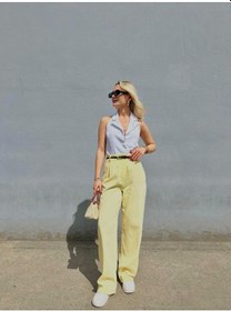 Resim Kadın Keten Kemerli Pantolon Sarı Sarı 