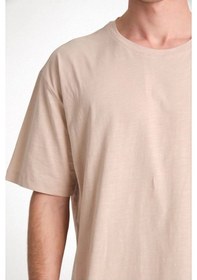 Resim Barlashive Erkek Düz Tişört Bisikilet Yaka Kısa Kol Oversize T-shirt - Bej Çok Renkli 
