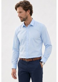 Resim Tudors Erkek Modern Slim Fit Uzun Kollu %100 Pamuk Premium Seri Saten Mavi Gömlek-49937 