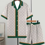 Resim Erkek Moda Rahat Hawai Stili Gömlek + Şort Pijama Takımı, Tropikal Geometrik Desen Baskılı Erkek Ev Giysileri 2'li Takım, Bol Kesim, Makinede Yıkanabilir ve Giyilebilir 