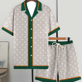 Resim Erkek Moda Rahat Hawai Stili Gömlek + Şort Pijama Takımı, Tropikal Geometrik Desen Baskılı Erkek Ev Giysileri 2'li Takım, Bol Kesim, Makinede Yıkanabilir ve Giyilebilir 
