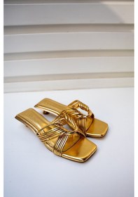 Resim Rosso Halka Detaylı 4cm Özel Topuklu Kadın Terlik Gold Altın 