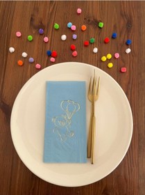 Resim Gold Yaldızlı Mavi Sevimli Ayı Baskılı Garson Katlama Peçete 16 Adet 