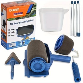 Resim 8 Parça TouRace Boya Rulosu Seti Çubuklu - Hızlı & Kolay DIY Oda Yenileme, Damlama Önleyici Tepsi, 2 Hassas Kenar Aleti, 3 Mavi Saplı Rulo ve 2 Tepsi İçerir - Pürüzsüz Duvar Boyama için İdeal, Duvar Boya Ruloları 