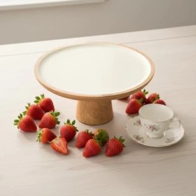 Resim Mango Ağacı Ayaklı Kek Standı ve Sunum Tabağı - Krem Iç Yüzeyli Doğal Ahşap Pasta Servisliği - 30 cm Çapında Dekoratif Yükseltici ve Peynir Tabağı 