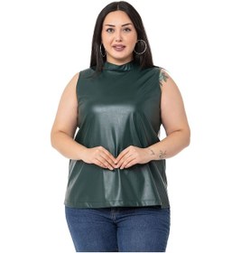 Resim Büyük Beden Dik Yaka Kolsuz Deri Kadın Bluz Haki 