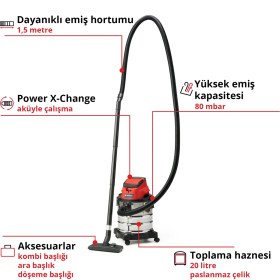 Resim Einhell Akülü Islak/Kuru Süpürge TC-VC 18/20 Li S-Solo Power X-Change (18V, 20 L paslanmaz çelik hazne, üfleme bağlantısı, başlıklar + filtre dahil, akü dahil değildir) - 2347130 