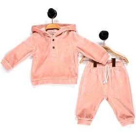 Resim Pudra Özel Dokulu Kadife Kapşonlu 2'li Bebek Takımı Pudra 