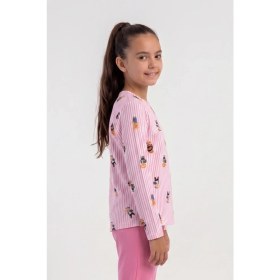 Resim Obje Kız Çocuk Pembe Ayıcık Desen Likra Polyvıscon O Yaka Uzun Kol Pijama Üstü 
