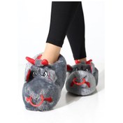 Resim Hayvanlı B20 Boğa Modelli Kışlık Kadın Erkek Panduf Ev Içi Sessiz Taban Panduf Gri 