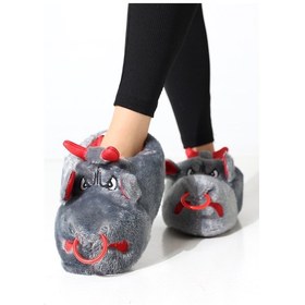 Resim Hayvanlı B20 Boğa Modelli Kışlık Kadın Erkek Panduf Ev Içi Sessiz Taban Panduf Gri 