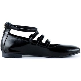 Resim Erkan Saçmacı Elenuta Siyah Hakiki Deri Rugan Dört Bant Tokalı Fermuarlı Balerin Babet Siyah 