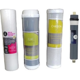 Resim Su Arıtma Filtresi 4 Lü Set 10" İnch 3 Ön Filtre Kömür Granül Aktif Karbon Filtre Aqualine Platinum 1812 Membran 80 Gpd Esli 