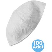 Resim 100'lü Dokuma Örgü Desenli Takke Kaliteli Namaz Takkesi Beyaz 
