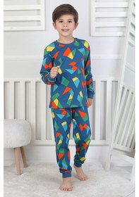 Resim Zuzunga Renkli Geometrik Şekilli Erkek Çocuk Pijama Takımı Lacivert 