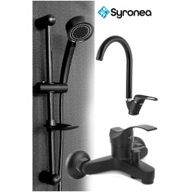 Resim Siyah Sürgülü Banyo Lavabo Duş Seti Batarya Musluk 3 Parça Yenileme Seti Siyah 
