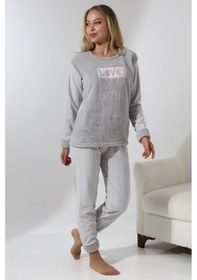Resim Wordex Fawn 5019 Peluş Welsoft Polar Kışlık Yumoş Kadın Pijama Takımı Love Açık Gri 