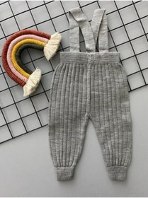 Resim Sparrow Laurel Gri Renk Önden Düğmeli Askılı Ayarlanabilir Unisex Bebek Triko Salopet Tayt Pantolon 