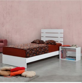 Resim Pasifichome Huga Tek Kişilik Beyaz Ahşap Karyola Komodin Takım 100X200 Cm 