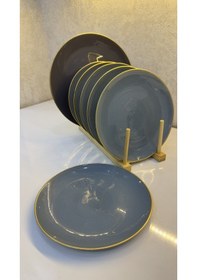 Resim Gold Kenarlı Gri Seramik Pasta Tabağı 7 Lı Set Modern Sofra Sunum Tabakları 21 Cm Çok Renkli 