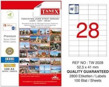 Resim Tanex Etiket A4 Laser 52.5 mm X 41 mm TW-2028 1 A4 Sayfada 28 Etiket 