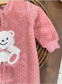 Resim Bebicix Peluş Ayıcık Nakışlı Patikli Çıtçıtlı Kışlık Erkek Bebek Tulum Pembe 
