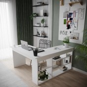 Resim Robin Home Martin Kitaplık Raflı Çalışma Masası L Ofis Masası Beyaz (Raflar Sağda) 