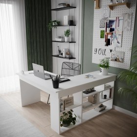 Resim Robin Home Martin Kitaplık Raflı Çalışma Masası L Ofis Masası Beyaz (Raflar Sağda) 