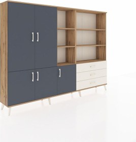 Resim Arges Dolap 11 Raflı 3 Çekmeceli 5 Kapaklı 220x30x163 Çam-antrasit/aytaşı Antrasıt/aytası - Atlas Çam 