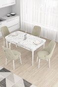 Resim Canisa Taç Serisi Açılabilir Mutfak Masası Takımı 80x132 Beyaz Mermer Desen Masa 4 Krem Sandalye 