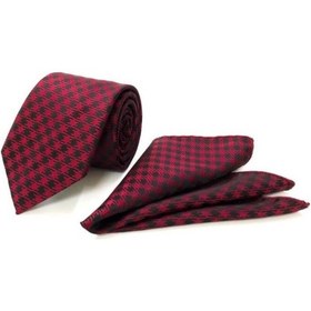 Resim Venchy Bordo Siyah Kazayağı Desen Mendilli Kravat 4240 - 5Mk Bordo 