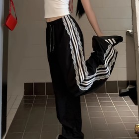 Resim Kadınlar için Şık Retro Dantel Süslemeli Geniş Paça Günlük Pantolon, Elastik Bel Bağcıklı, Yüksek Kaliteli Polyester, Makinede Yıkanabilir - İlkbahar, Yaz ve Sonbahar İçin Siyah Beyaz Çizgili Tasarım, Rahat Kesim Pantolon 